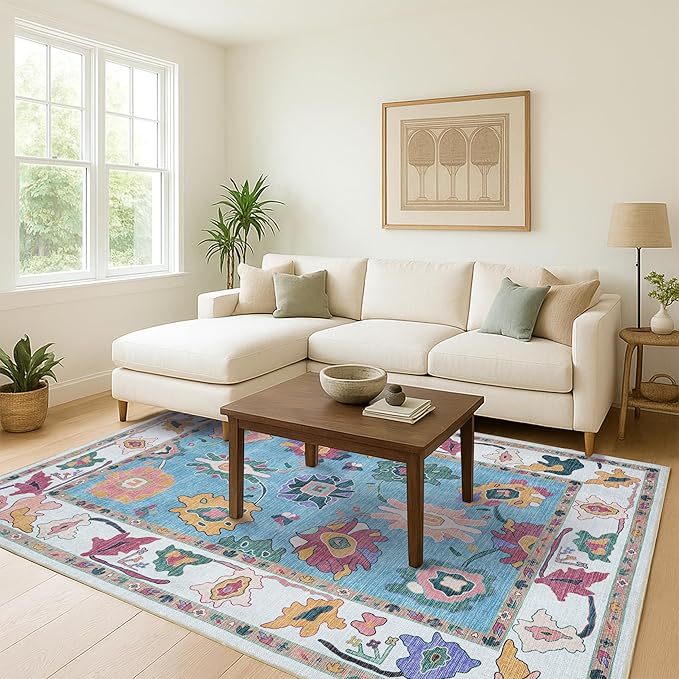 Fame Living Colorful Oushak Runner Rug, Modern Runners, Vintage, Turkish, Eclectic, Floral, Pastel, Washable, Long Runner Rugs for Hallway, Kitchen, Living Room, Bedroom, Kitchen, Bathroom, 2'5"x13'
