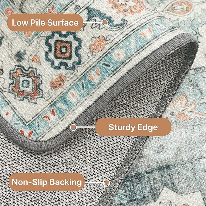 GENIMO 9x12 Area Rugs for Living Room, Machine Washable Non Slip Vintage Rugs, Low Pile Lightweight Chenille Print Rug for Bedroom, Dining Room, Home Office, Turquoise