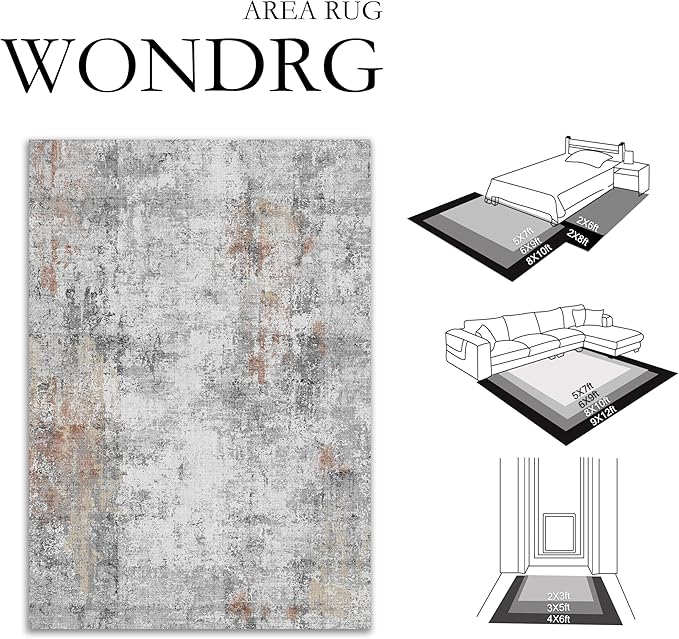 5x7 Washable Area Rug Grey Rust Abstract Living Room Bedroom Carpet Neutral Modern Non-Slip Soft Low Pile Lightweight Vacuumable Throw Rug for Dining Room Entryway