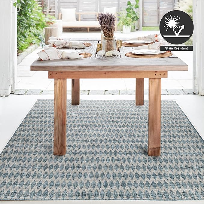 FH Home Flat Woven Outdoor Rug - Waterproof, Easy to Clean, Stain Resistant - Premium Polypropylene Yarn - Geometric - Patio, Porch, Deck, Balcony - Giza - Aqua - 5ft 2in x 7ft 6in