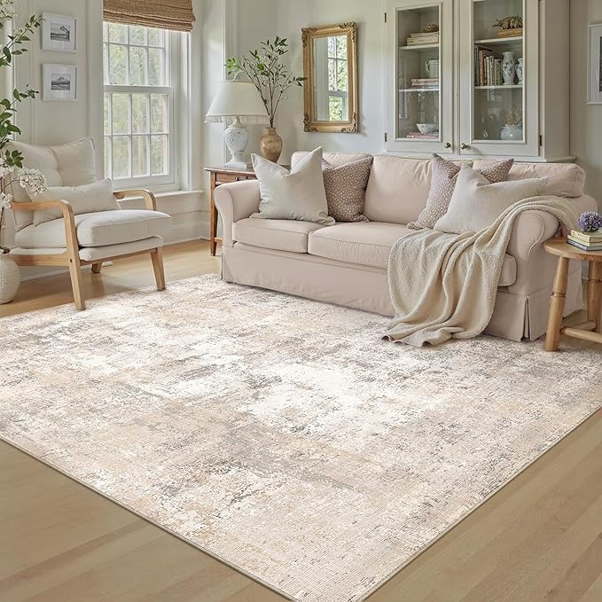 5x7 Washable Area Rug Beige Grey Abstract Living Room Bedroom Throw Rug Neutral Modern Non Slip Soft Medium Pile Indoor Carpet for Dining Room Office Entryway