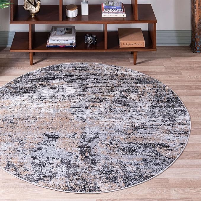 Rugs.com Leipzig Collection Round Rug – 7 Ft Round Beige Low-Pile Rug Perfect for Kitchens, Dining Rooms