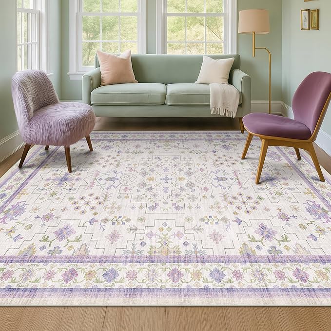 Purple Rugs for Girls Bedroom, Non Slip Machine Washable 4x6 Floral Area Rug for Nursery Kids Room, Living Room, Low Pile Lavender Girly Dorm Pastel Décor