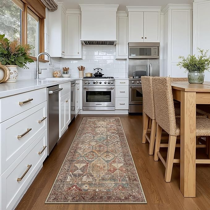 Bavni Runner Rugs 2x7 Kitchen Rug for Hallways Entryway, Washable Vintage Print Carpet, Ultra-Thin Low Pile Lightweight Rug with Non Slip Backing, Reddish Brown