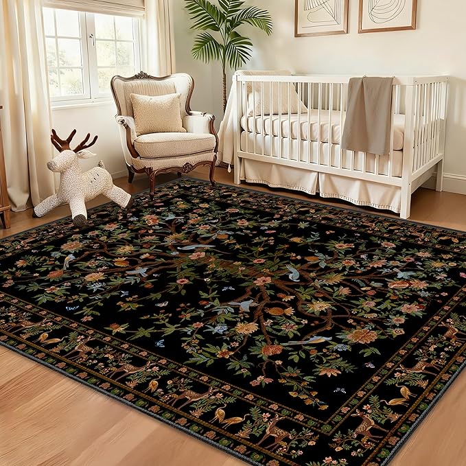 Black Rug for Living Room 5x7 Area Rugs, Machine Washable Non-Slip Carpet, Boho Floral Low Pile Throw Rugs for Bedroom, Dining Room, Office, Nursery, Vintage Home Decor
