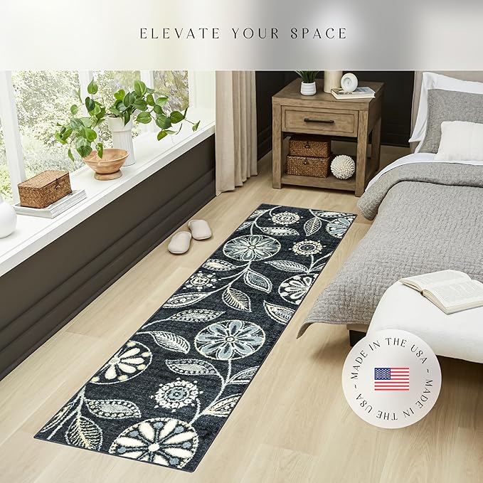 Maples Rugs Reggie Floral Runner Rug - Made in USA - Washable, Non Slip Indoor Carpet for Kitchen, Hallway, and Laundry Room, 2' x 9', Persian Blue