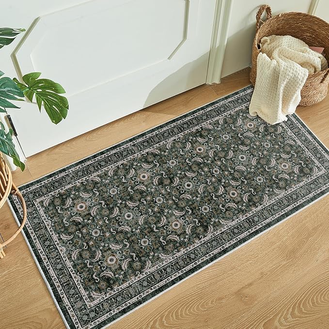 WITSHOCK Washable 2x4 Entryway Area Rug: Soft Non-Slip Backing Washable Rugs Vintage Flower Boho Accent Small Rugs for Bedroom, Kitchen, Bathroom, Nursery Entrance,Dark Green