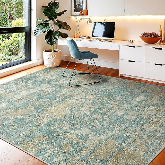 WITSHOCK Living Room Area Rugs 5x7：Modern Abstract Machine Washable Large Rug for Bedroom Dining Room Non-Slip Stain Resistant Home Office Decor,Teal Brown