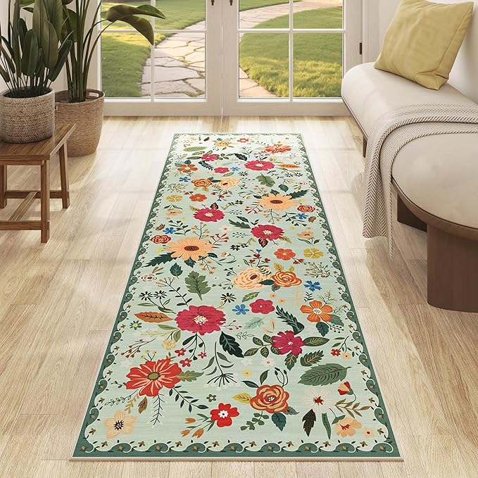 Rug Runners 2x6, Floral Green Washable Kitchen Rugs for Hallways Area Rugs, Non Slip Long Rug Low Pile Doormat Flower Carpet for Kitchen, Entryway Indoor, Bedroom, Bathroom, Laundry, Sage Green