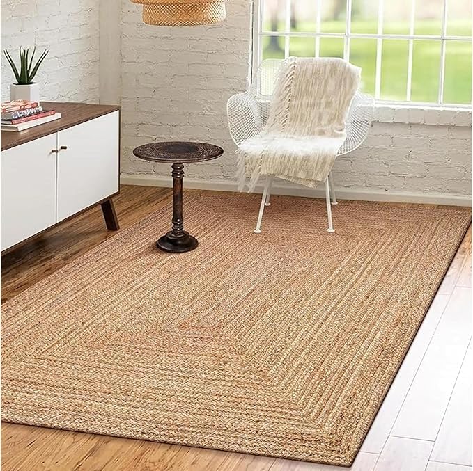 Handwoven Jute Rug for Home Décor, Boho Reversible Braided Carpet, Ethnic Rectangular Area Mat for Indoor Outdoor Living Room or Bedroom (10x14 Ft)