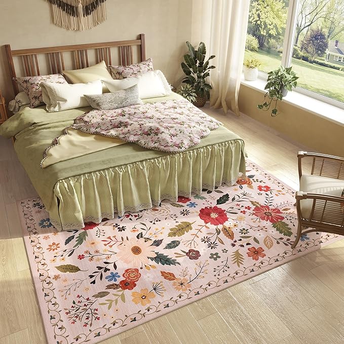 Living Room Rug 6x9 Rug Machine Washable Boho Area Rug Non Slip Floral Vintage Low Pile Large Rugs for Living Room, Bedroom, Farmhouse, Dining Room (Beige)