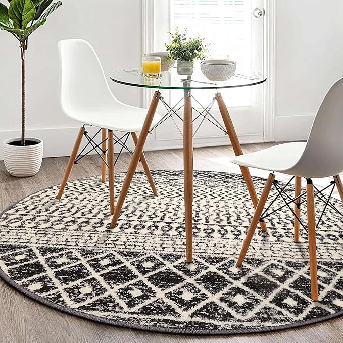Boho Round Rug 5ft, Soft Non-Slip Distressed Circle Kitchen Mat Dining Room Rug, Washable Retro Living Room Area Rug Throw Carpet for Bedroom Kids Room Entryway