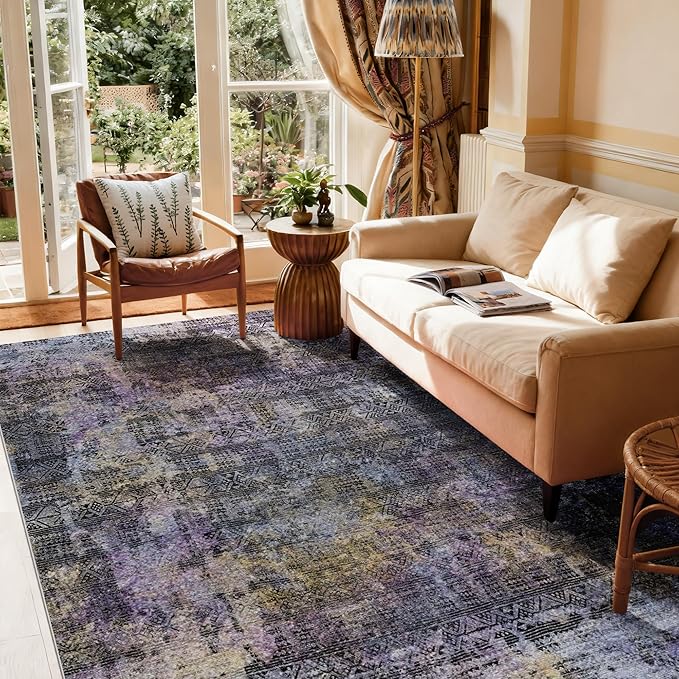 Kokia Abstract Area Rugs Washable Indoor 6x9 Rug Boho Distressed Retro Low Pile Non-Slip Non-Shedding Black Gray Carpet Bedroom Living Room Dining Room, Oslo Nebula