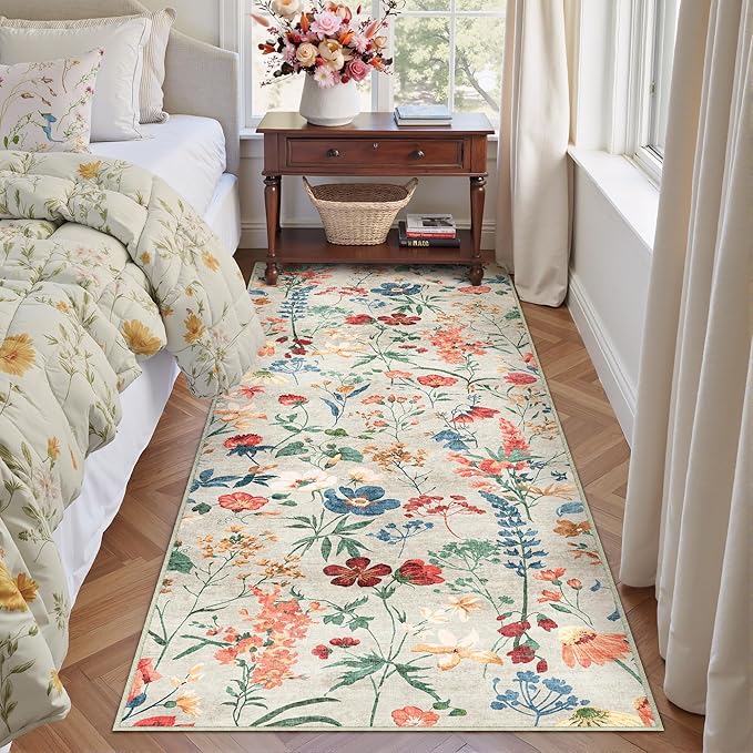 Floral Runner Rug 2x5 Washable Hallway Long Beige Bedroom Carpet Non Slip Indoor Boho Kitchen Low Pile Accent Rug Lightweight Soft for Bathroom Dining Laundry Living Room
