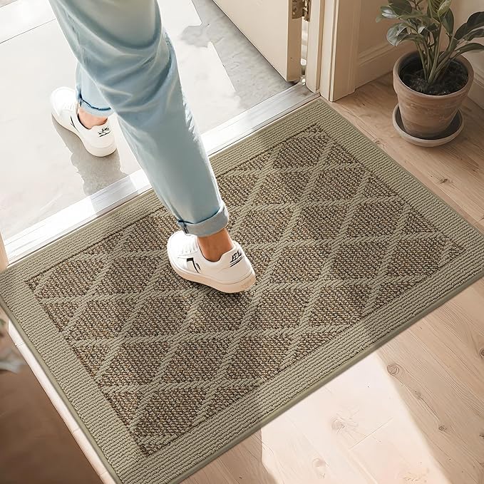 COSY HOMEER Non-Slip Door Mat 24"x36", Entryway Rugs Low Profile Absorbent Dirt Trapper Doormat for Front Entrance, Washable Polypropylene Entry Mat (Beige)