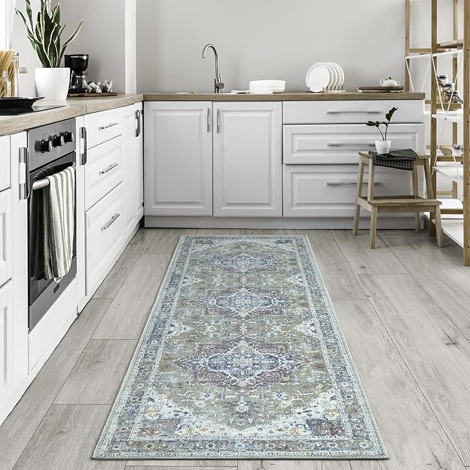 Bloom Rugs Washable Non-Slip 7 ft Runner - Green/Blue Traditional Medallion Runner for Entryway, Hallway, Bathroom, and Kitchen - Exact Size: 2.5' x 7'