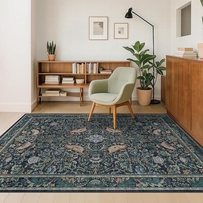 Vintage 4x6 Washable Entryway Rug, Blue & Green Floral Bird Woodland Rug, Non-Slip Low Pile Stain Resistant Carpet for Kitchen, Bedroom, Small Living Room