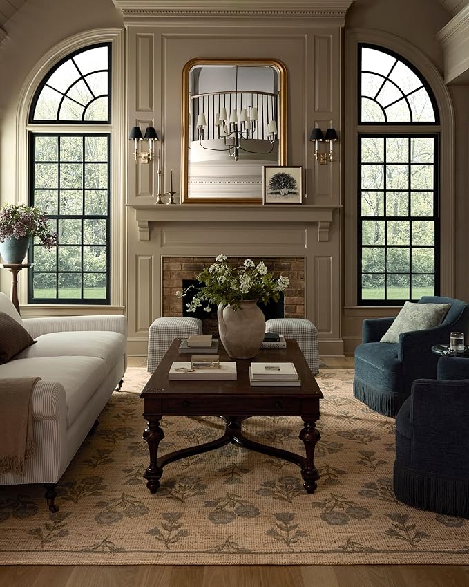 Loloi Chris Loves Julia Rue Collection RUE-04 Moss/Blue 5'-0" x 7'-6" Area Rug Jute Neutral Floral Living Room Bedroom Rug