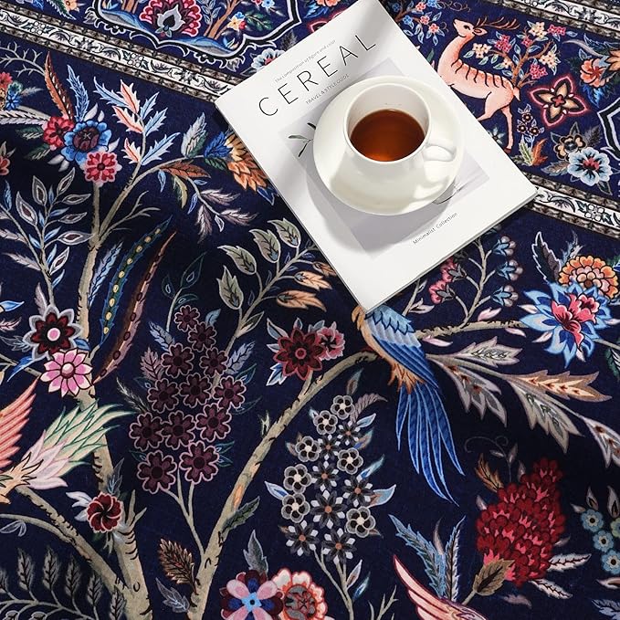 Rugcomf Area Rugs 4x6 Vibrant Tree of Life-Patterned Vintage Washable Rugs Non Slip Low Pile Small Carpet for Bedroom Bedside Kids Room Office Dining Room, Blue
