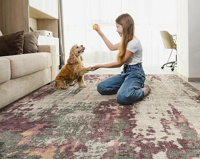 6x9 Area Rug Living Room Rugs - Washable Neutral Modern Abstract Soft Thin Rug Indoor Floor No Slip Rug Carpet for Bedroom Under Dining Table Home Office Decor - Purple/Green/Beige