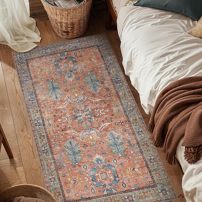 Bavni Area Rug 3x5, Non-Slip Washable Rugs for Living Room Office, Boho Distressed Printed Rug, Low Pile Foldable Decorative Carpet for Bedroom Kitchen Office, Terracotta/Blue