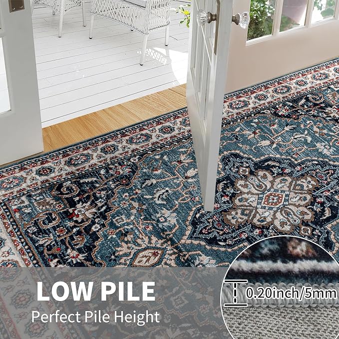 Easy-Going Area Rug 2x3 Washable Medallion Distressed Entryway Rugs Front Door Mat Indoor Entrance Non-Slip Vintage Retro Small Entry Rug for Bedroom Kitchen Bathroom Lightweight Carpet, Teal Brick
