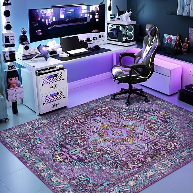 Kokia 6x9 Washable Area Rugs Violet Purple with Vintage Orient Design Soft Rug for Living Room or Home Office Non-Slip Low Pile Stain Resistance Features Distressed Medallion Pattern