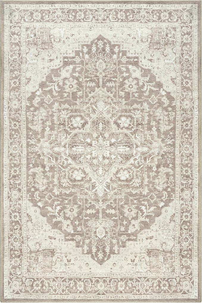 Bloom Rugs Washable Non-Slip 5' x 7' Rug - Light Brown Traditional Medallion Area Rug for Living Room, Bedroom, Dining Room, and Kitchen - Exact Size: 5' x 7'