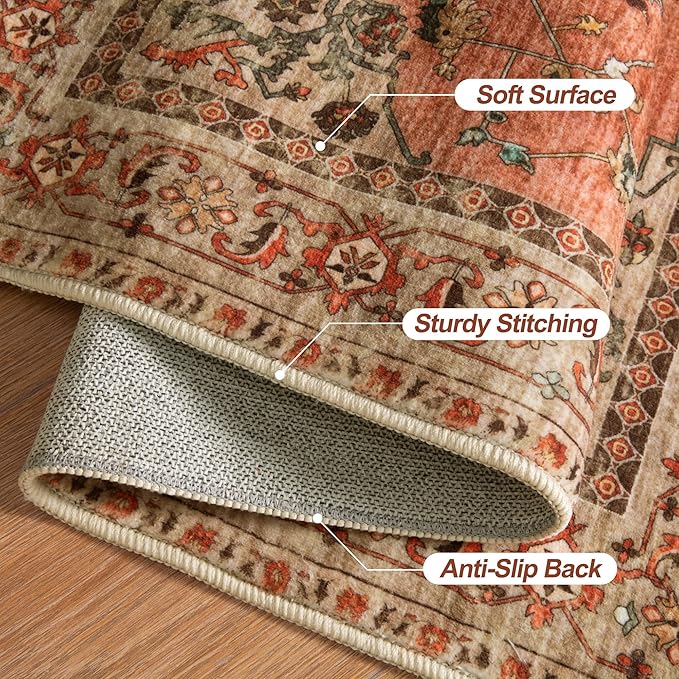 Tangsoo Boho 3x10 Runner Rug for Hallway Long Washable Hallway Runner Rugs, Non Slip Vintage Soft Low Pile Rug Runner, Oriental Terracotta 10ft Carpet Runners for Living Room Kitchen Bedroom Entryway
