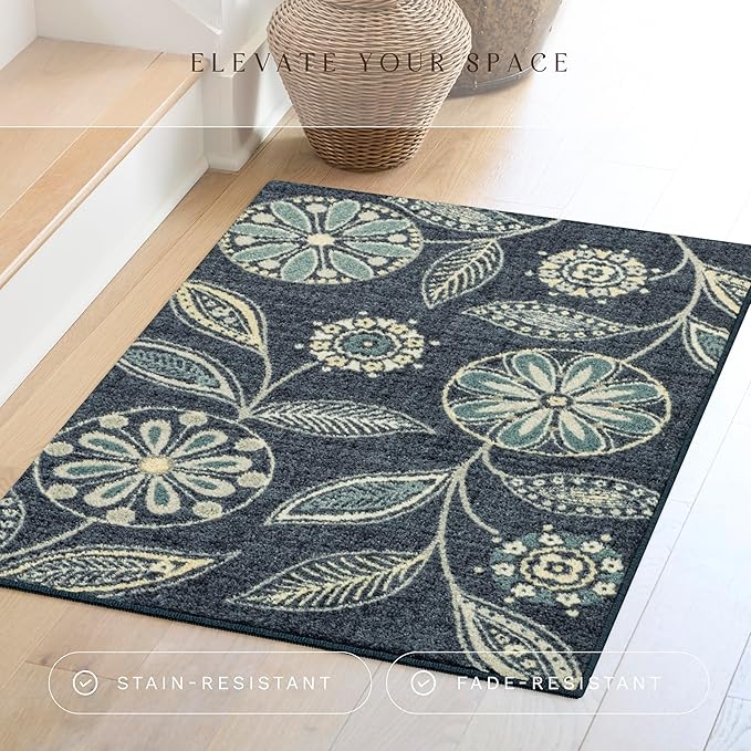 Maples Rugs Reggie Floral Kitchen Rug - Made in USA - Washable, Non Slip Indoor Carpet for Entryway, Foyer, Kitchen, and Bathroom, 2'6 x 3'10, Persian Blue