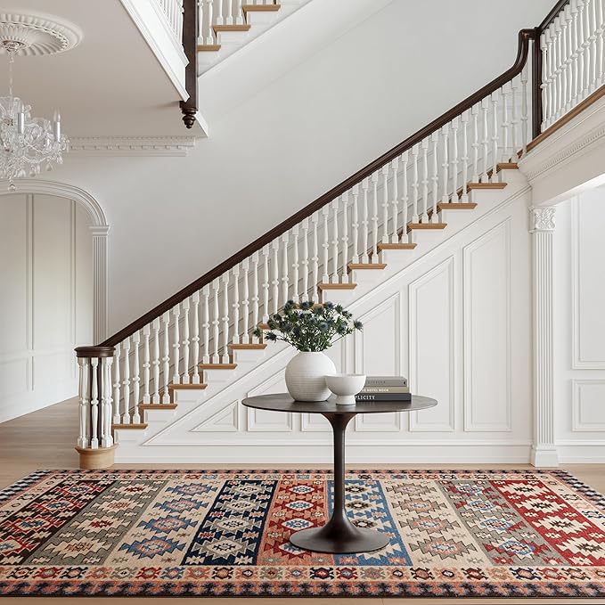 Dash & Albert Balsam Kilim Multi Machine Washable Rug, Runner-2.5 X 8 Feet, Red Geometric Pattern