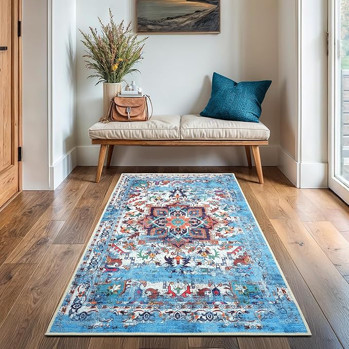 GLN Rugs Traditional Collection - Machine Washable Area Rug, Traditional Washable, Non Slip, Low Pile Chenille Rug, Living Room, Bedroom, Kitchen Rug (2'6" x 7' Blue/Multicolor)