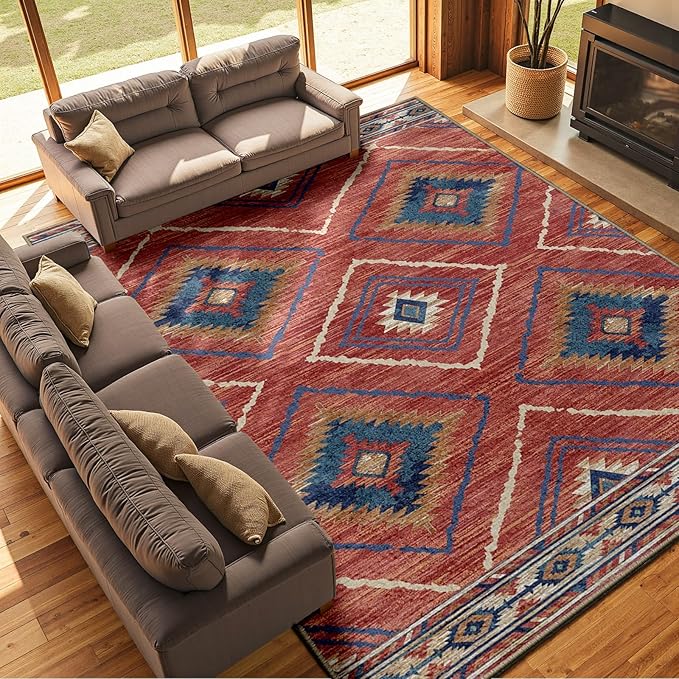 Area Rug 10x12 Rug Machine Washable Non-Slip Low Pile Print Pattern Western Rug for Living Room Bedroom Entryway Tribal Series-Red/Orange