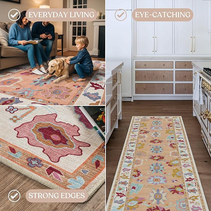 Fame Living Orange Oushak Rug, Modern Small Rugs, Vintage, Turkish, Eclectic, Floral, Pastel, Washable, Door mat, Doormat for Indoor Entrance, Entryway, Kitchen, Bathroom, Bedroom, Laundry, 2'x3'