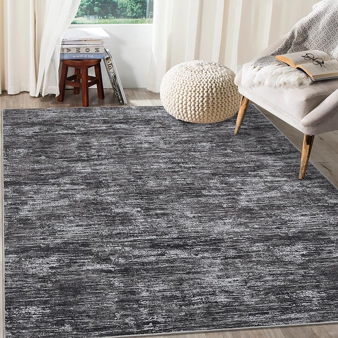 RUGSREAL 8x10 Washable Rug for Living Room Non-Slip Modern Abstract Area Rug Stain Resistant Large Bedroom Rug Contemporary Accent Throw Floor Carpet Solid Rug for Dining Room Home Decor, Dark Grey