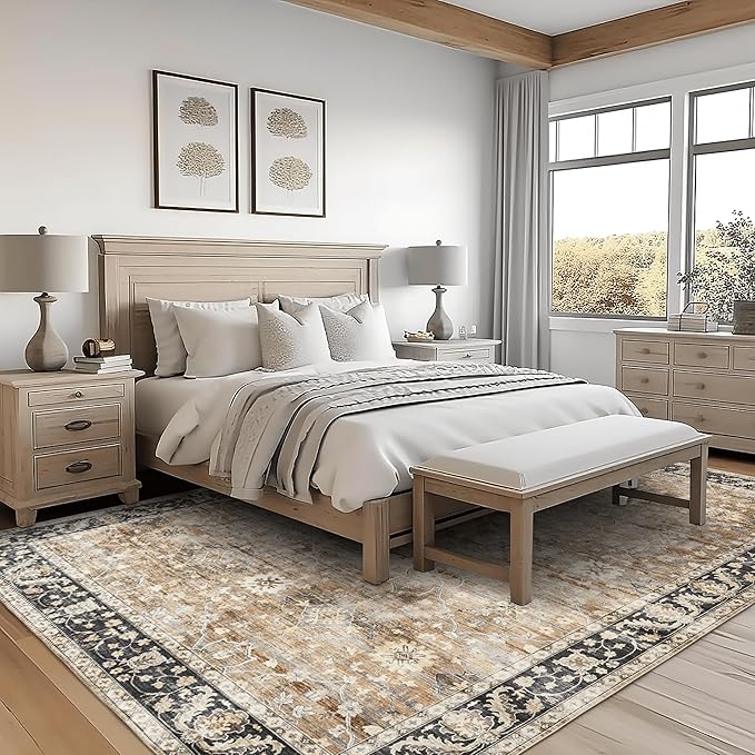 ReaLife Rugs Machine Washable Area Rug - Living Room Bedroom Bathroom Kitchen Entryway Office - Padded Low Pile Stain Resistant Premium - Boho Farmhouse Vintage - BEV - Beige Tan Brown 4' x 6'