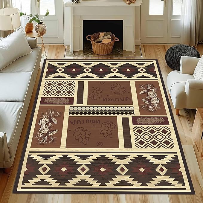 UNREASTO Western Area Rugs 5x7ft Vintage Country Southwestern Native Botanical Farmhouse Rug Floor Mats, Rustic Pine Cone Non-Slip Washable Throw Rugs for Hallway Living Room Bedroom Hardwood Floors