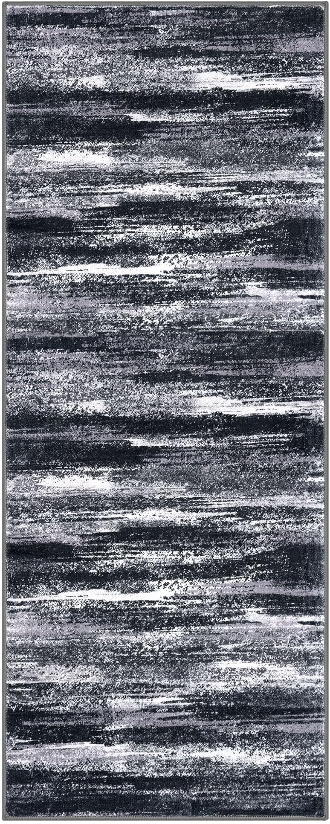 Modern Abstract Runner Rug 2x5, Black Grey Washable Kitchen Runner Entryway Rug Mat Non-Slip Soft Hallway Rug Runner Thin Print Faux Wool Carpet for Bedroom Laundry Room Indoor