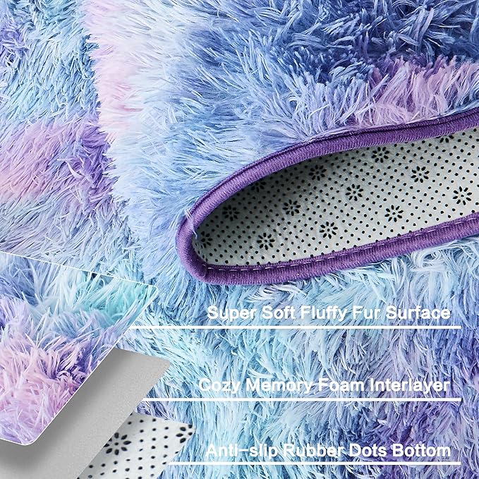 Andency Soft Area Rugs for Living Room Bedroom, 4x6 Fluffy Shaggy Bedside Rug, Non-Slip Large Shag Fuzzy Plush Carpets for Bedroom Kids Dorm Nursery Home Decor Aesthetic, Tie-Dyed Unicorn Rainbow