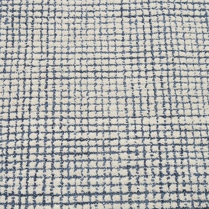 Hand-Tufted 100% Wool Pile Area Rug – Geometric Textured Grid Check Pattern – Thick and Durable Floor Carpet for Bedroom, Living Room, Kids Room, and Dining Area (Indigo Blue, 8' x 8')
