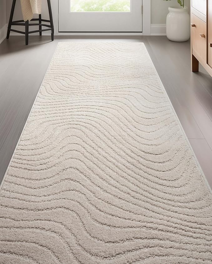 Well Woven Custom Size Hallway Stair Runner - Choose Your Length - 27 Inches Wide x 6 Feet Long Runner (27" x 6' Runner) Rug - Ivory Sibi Soft Touch, Modern Abstract - Hi-Lo Pile