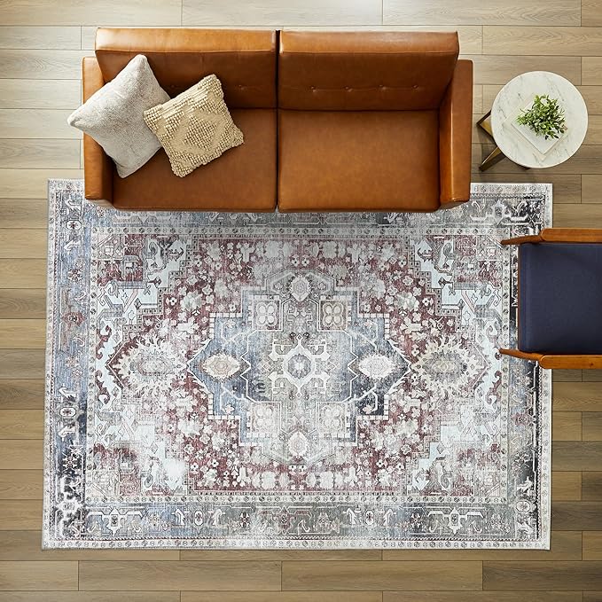 Washable Area Rug. Modern Farmhouse. Vintage. Turkish. Bohemian. Distressed. Oriental. Traditional. Rugs for Living Room. Dining. Bedroom. Office. Entryway. Foyer. (858RM, 9'5" x 14')