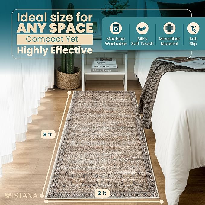 Istana Hallway Runner Rug 2x8 – Olive/Charcoal Entryway Rug -Silk's Soft Touch Runners for Hallways - Stylish Kitchen Runner Rug Non Slip