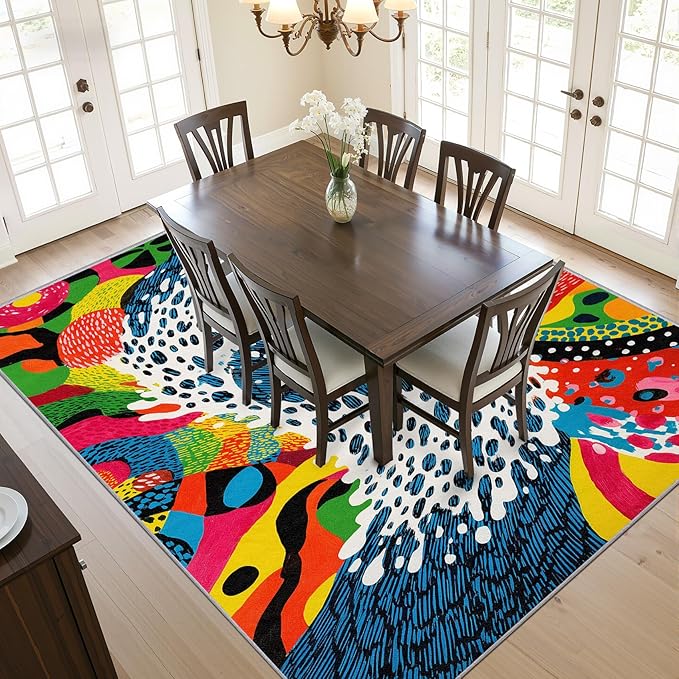 Retro Rug - 4x6 Rug, Optical Illusion Abstract Area Rugs, Wavy Orange Art Low Pile Stain Resistant Floor Carpets House Decor #C109