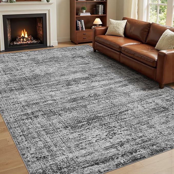 8x10 Area Rug Living Room Rugs - Washable Neutral Modern Abstract Soft Thin Rug Indoor Floor No Slip Rug Carpet for Bedroom Under Dining Table Home Office Decor - Dark Gray