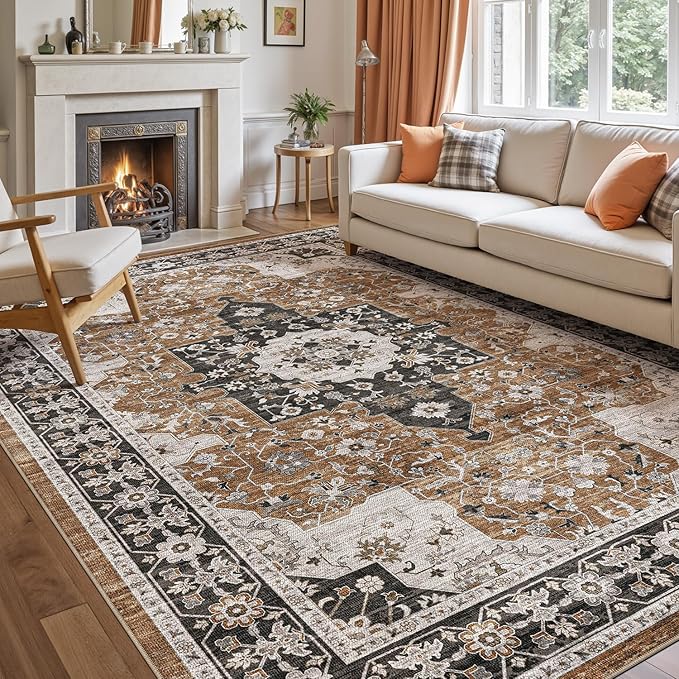 DEXI 5x8 Area Rug for Living Room, Washable Vintage Farmhouse Thin Rug Indoor Floor, Non Slip Stain Resistant Low Pile Carpet for Dining Room Bedroom Office, Brown