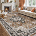 DEXI 5x8 Area Rug for Living Room, Washable Vintage Farmhouse Thin Rug Indoor Floor, Non Slip Stain Resistant Low Pile Carpet for Dining Room Bedroom Office, Brown