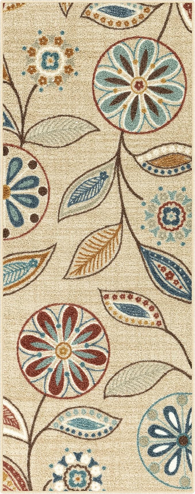Maples Rugs Reggie Floral Runner Rug - Made in USA - Washable, Non Slip Indoor Carpet for Kitchen, Hallway, and Laundry Room, 1'8 x 5, Beige