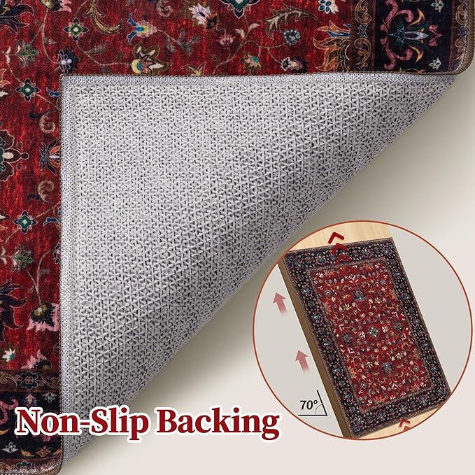 Tangsoo Floral Washable Runner Rug, 2x5 Rug Runners for Hallways Non Slip, Vintage Boho Runner Rug for Entryway Indoor, Blue Print Carpet Runner, Soft Low Pile Runner for Kitchen Bedroom Red