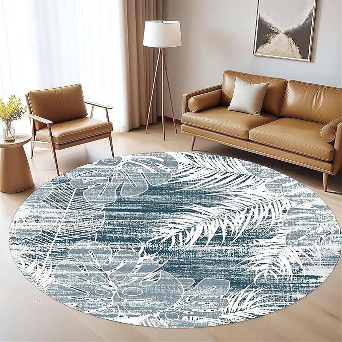 Washable Round Rug 7ft - Blue Tropical Botanical Pattern, Non-Slip Low Pile No Shedding Carpet, Soft Flannel Feel Rug for Living Room, Bedroom, Bathroom，Indoor Use